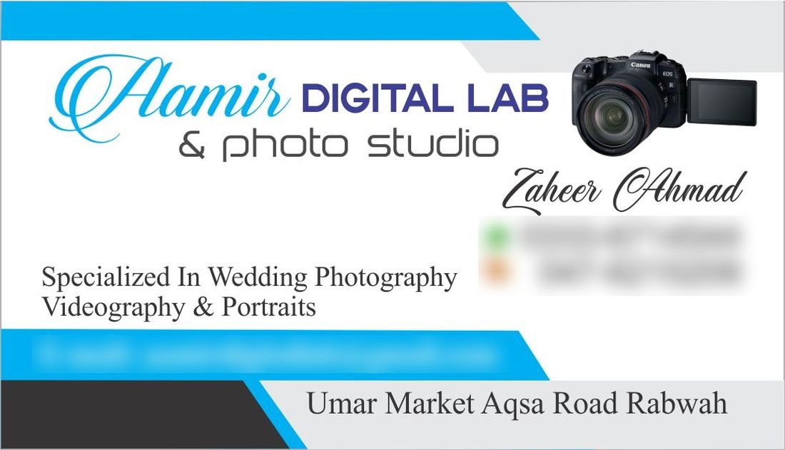 Visiting card for Aamir Digital Lab and photo studio with blue diagonal bands, a camera image and a script-style name
