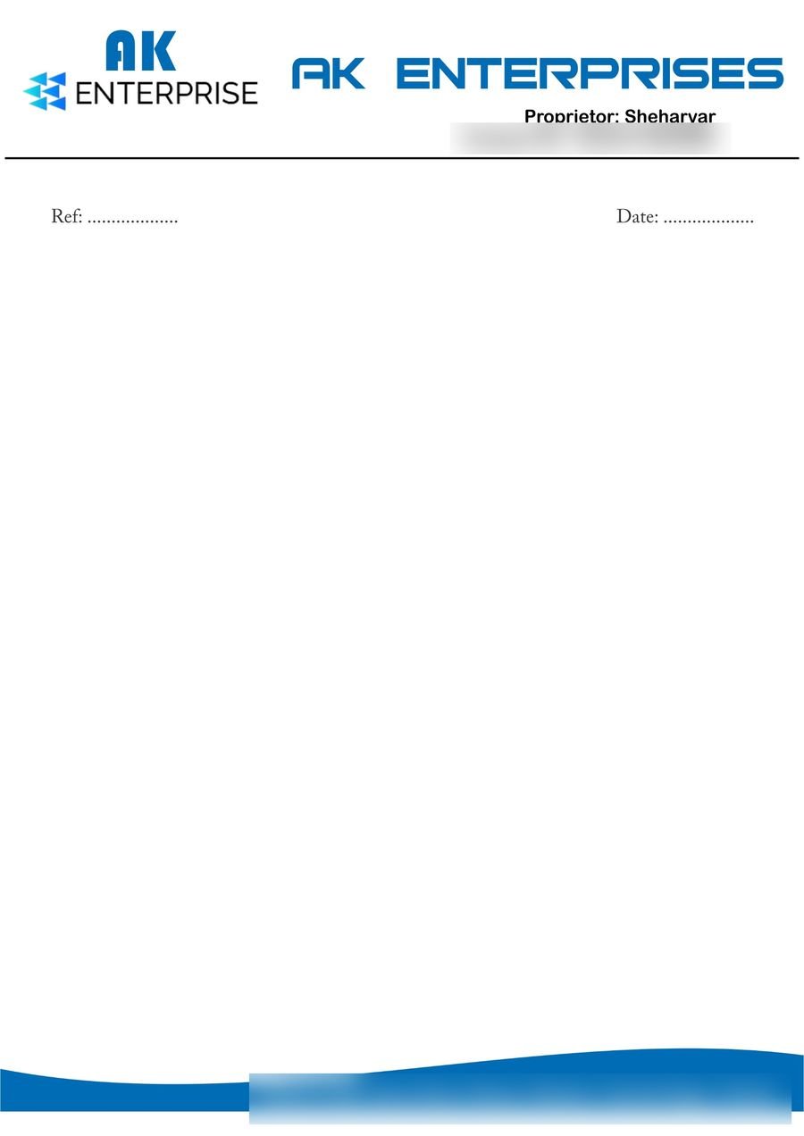 Plain business letterpad with a logo at the top, a thin line, Ref and Date lines and a blue wave footer with an address