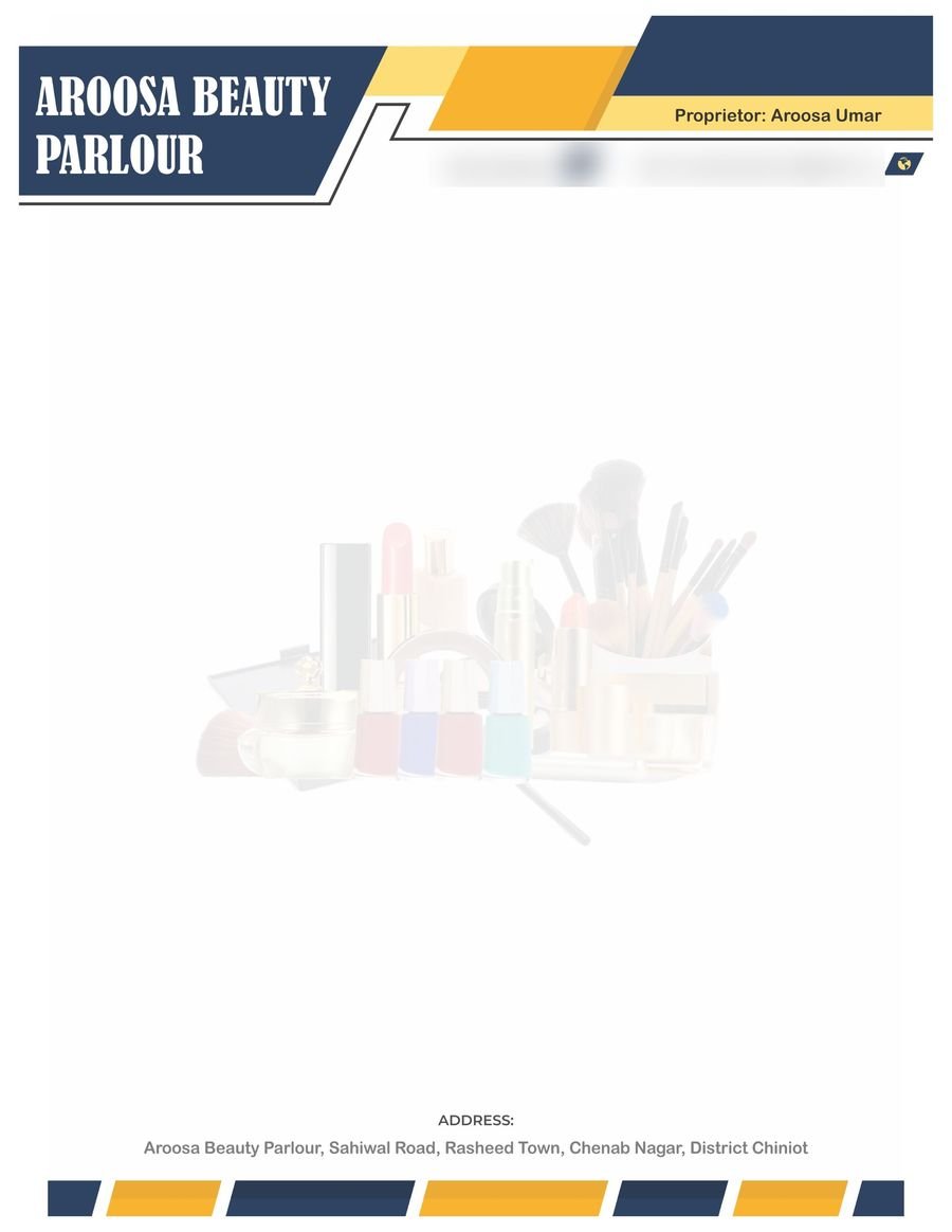 Letterpad of a beauty parlour with navy and yellow angled shapes, a faint cosmetics image in the middle and an address strip
