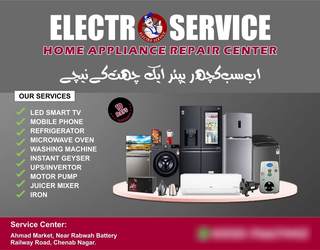 Poster listing home appliance repair services with a 10 days warranty badge