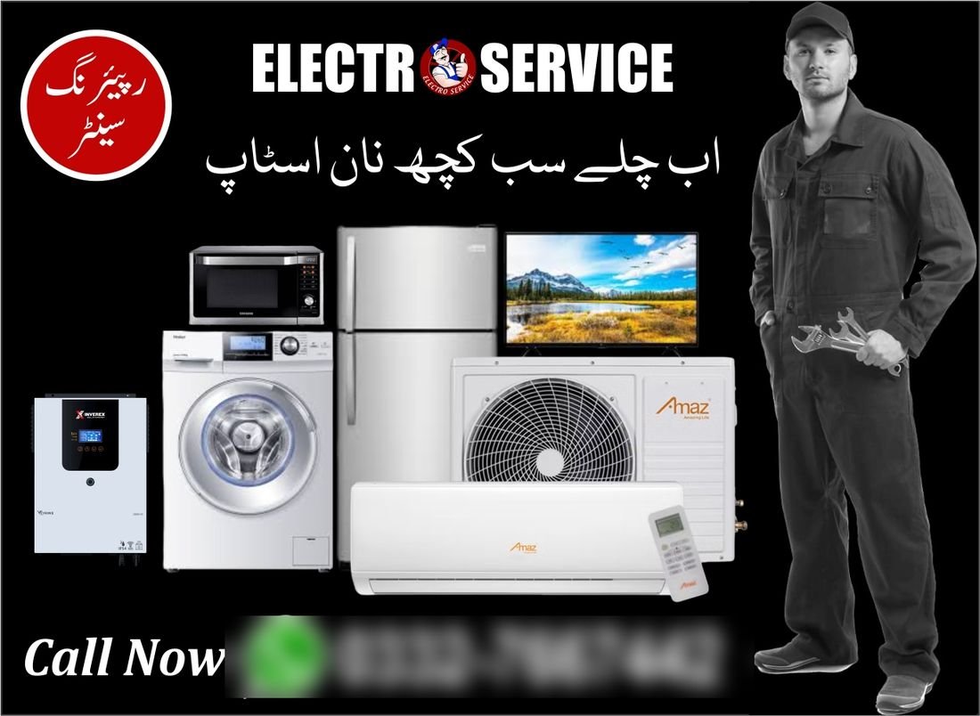 Advertisement for a repair center showing appliances and a technician on a black background