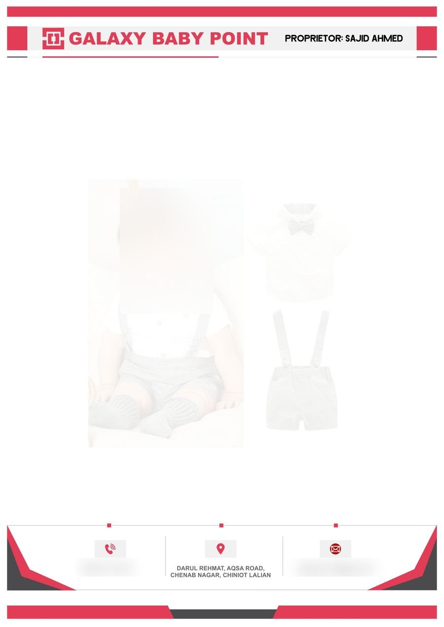 Letterpad of a baby clothing shop with a red and grey header, a faint product watermark and a footer with phone, address and email sections