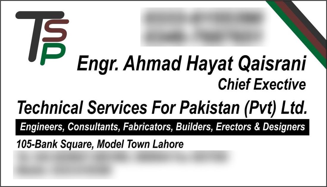 Visiting card of an engineering and consulting company with a three-colour logo, bold name, black services band and address