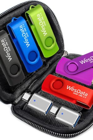 5 Pack 64GB USB Flash Drive and 2 Pack USB C Adapters in a Case, Thumb Drives Memory Stick Storage and Backup for Smart Phones with Type C Port, Laptops, PC(5 Colors) (64, GB)