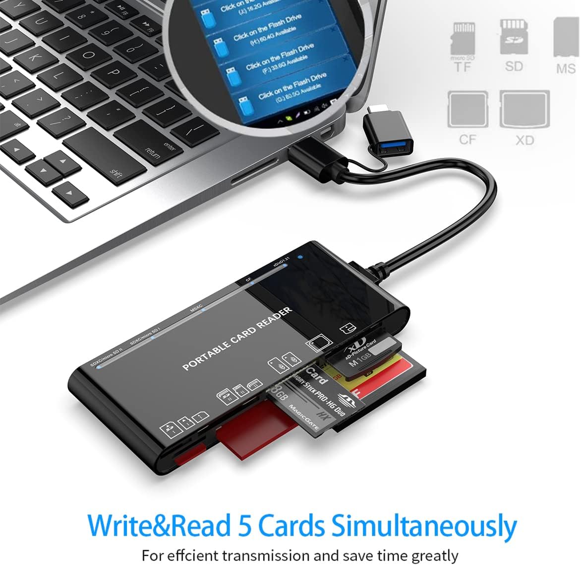 USB C USB3.0 Multi Card Reader for SD, CF, Micro SD, XD, MS Cards - 7 in 1 Adapter Hub for Windows, Mac, Linux, Android - Image 5