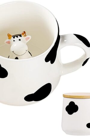 BigNoseDeer Cute Ceramic Cow Mug with 3D Cow Inside,Cow Print Coffee Mug,Cute Mugs with Lid Spoon,Cute Stuff Cool stuff Birthday Gifts Anime Gifts for Women Girlfrend Kids13oz