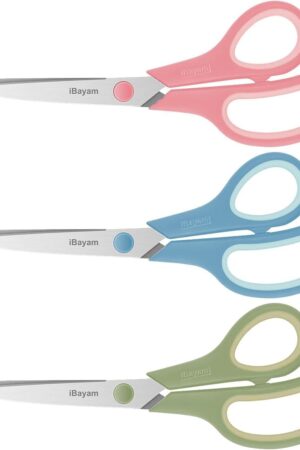 iBayam 8.5 Inch Scissors All Purpose Heavy Duty 3 Pack, 2.5mm Thick Ultra Sharp Blade Comfort-Grip for Office Classroom School Cardboard Craft Desk, Left/Right Handed, Cute Pastel Pink Blue Green