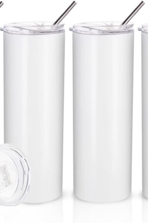 PYD Life Sublimation Blanks Skinny Tumbler White 20 OZ Straight Stainless Steel with Metal Straw for Mug Tumbler Heat Press Machine Sublimation Printing 4 Pack