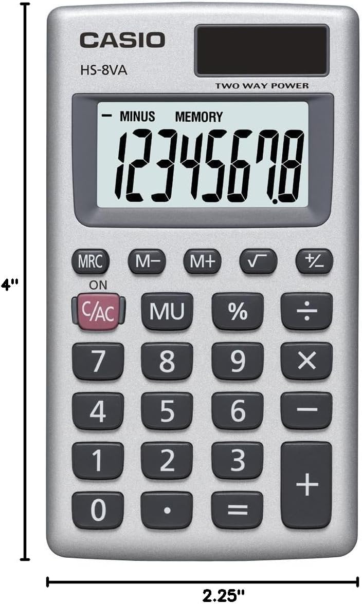 Casio HS-8VA Mini 6-Function Calculator | Large 8-Digit LCD Display | Solar Powered with Battery Backup | Standard Function | Portable Pocket Size - Image 3