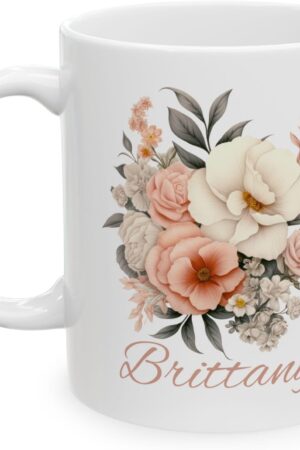 Personalized Floral Ceramic Mug, Custom Name Coffee Cup, Gift for Her, Holiday Day Present, Birthday Gift