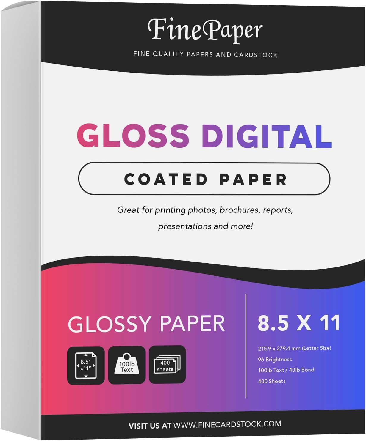 8.5x11 Gloss Digital Paper, Perfect for Color Laser Printing, Design Proposals, Flyers, Brochure, 8.5 x 11” Letter Size, 100lb Text (40lb Bond) 96 Bright, Acid Free, Glossy Coated Finish | 400 Sheets