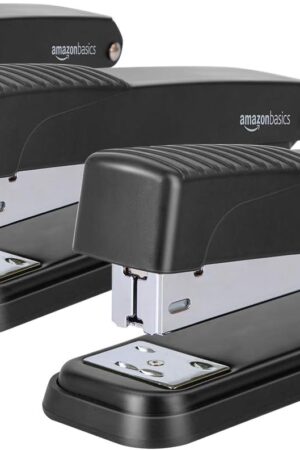 Amazon Basics Full-Strip Metal Office Desktop Stapler, 20 Sheet Capacity, Non-Slip, Black, 3-Pack