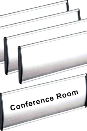 5 Pcs Office Name Plates Holder for Doors, 3 Inches x 8 Inches Curved Wall Mount Door Sign Holder, Silver Aluminum Sign Holder for Office Wall with Plastic Film and Adhesive Tape
