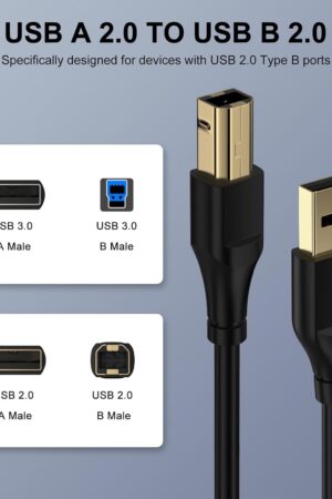 USB 2.0 Printer Cable USB A to USB B Cable 6 Feet MIDI Cable Printer Cord to Computer High Speed for HP, Canon, Brother, Dell, Epson, Lexmark, Xerox, Samsung, Piano, MIDI Controller MIDI Keyboard
