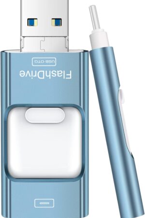 Flash Drive for iPhone 256GB, 4 in 1 USB Type C Memory Stick, Photo Stick External Storage Thumb Drive for iPhone iPad Android Computer, Sky Blue