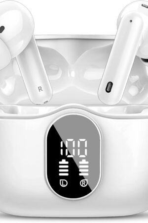 Wireless Earbuds, Bluetooth 5.4 Headphones Bass Stereo, Ear Buds with Noise Cancelling Mic, LED Display in Ear Earphones Clear Calls, IP7 Waterproof Bluetooth Earbuds for Phones/Sports/Laptop, White