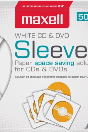 Maxell 190135 Protective Thin Clear Plastic Easy Storage CD & DVD Sleeves White 50 Pack (Paper)