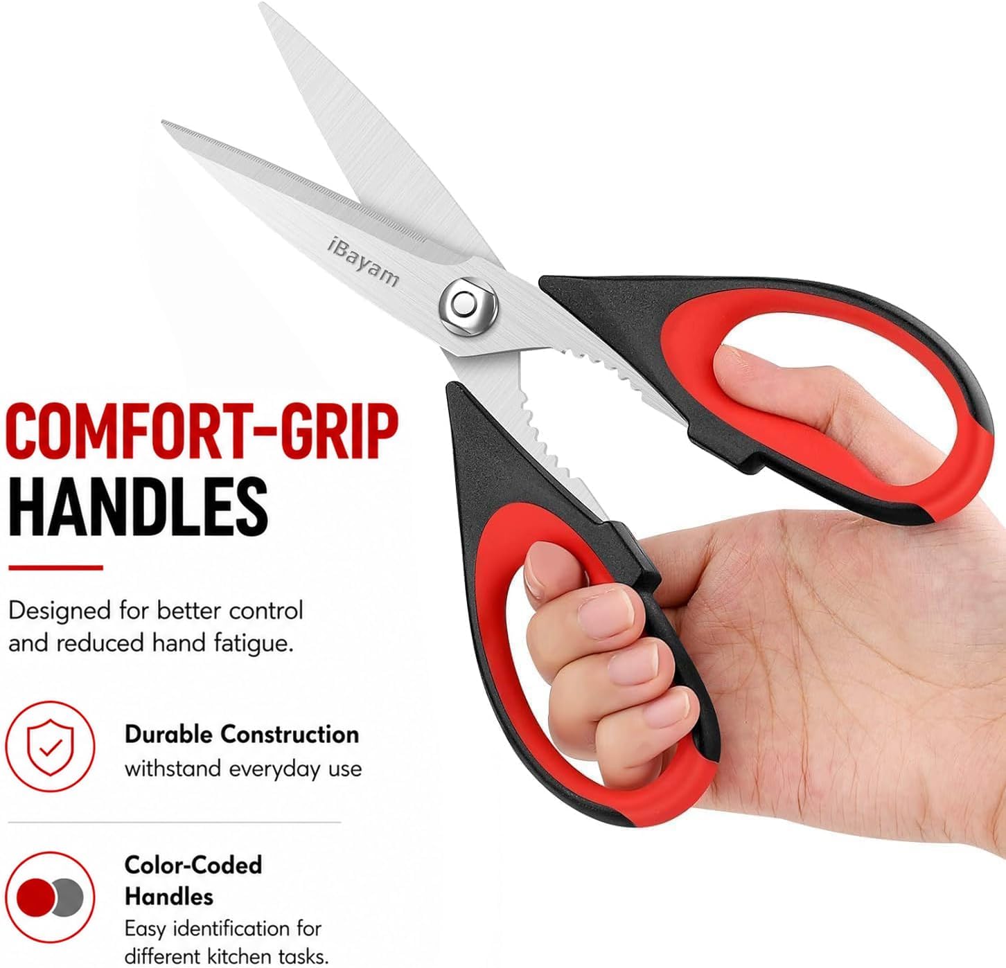 iBayam Kitchen Scissors All Purpose Heavy Duty 2 Pack with Protective Sheath, Stainless Steel Shears Kitchen Utensils Set for Cutting Food Cooking Meat Poultry Dishwasher Safe Soft Comfort-Grip - Image 5