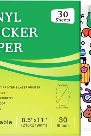 Aevdor 30 Sheets Premium Printable Vinyl Sticker Paper for Inkjet Printer, Glossy White Waterproof, Dries Quickly, Vivid Colors, 8.5x11 Inkjet Vinyl Sticker Paper Great for Cutting Machines