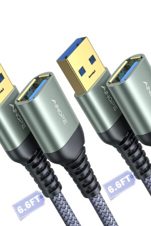 AINOPE 2 Pack USB Extensions Cable High Speed USB 3.0 Extension Cord Type A Male to Female Sturdy Braided Material Fast Data Transfer Compatible with USB Keyboard,Mouse,Flash Drive,Grey,6.6FT+6.6FT