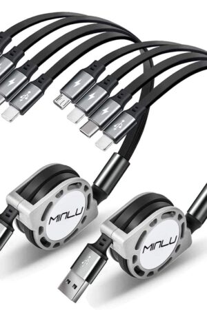 MINLU Multi Charging Cable 4A, 2Pack 4Ft Retractable Multi Fast Charger Cable, Multiple Charging Cord, 4 in 1 Multi USB Cable with Type C/Micro USB Ports for Cell Phones/IP/Galaxy/PS/Tablets/iPads
