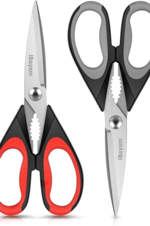 iBayam Kitchen Scissors All Purpose Heavy Duty 2 Pack with Protective Sheath, Stainless Steel Shears Kitchen Utensils Set for Cutting Food Cooking Meat Poultry Dishwasher Safe Soft Comfort-Grip