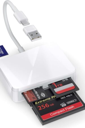 SD Card Reader, 4 in 1 USB C to SD/TF/CF/MS Card Reader with USB to USB C Adapter Memroy Card Reader for iPhone 17/16/15 Pro Max iPad Pro MacBook Pro/Air iMac M4/M3/M2 Android Phone/Tablet PC (White)