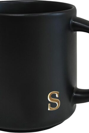 COLLECTIVE HOME - Black Monogram Ceramic Mugs, 15 oz Golden Initial Coffee Cups, Elegant Alphabet Tea Mugs, Personalized Halloween Mug with Gift Box, Perfect for Office and Home Décor (s)