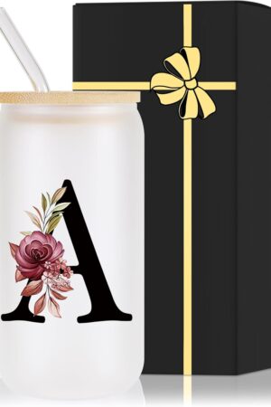 Monogrammed Glass Drinking Cup With Bamboo Lid Straw Customized Iced Coffee Tumbler 16oz Clear Mason Jar Beer Water Smoothie Cocktail Accessories Cool Cute Mug Gift Vasos De Vidrio Con Tapa Popote,A