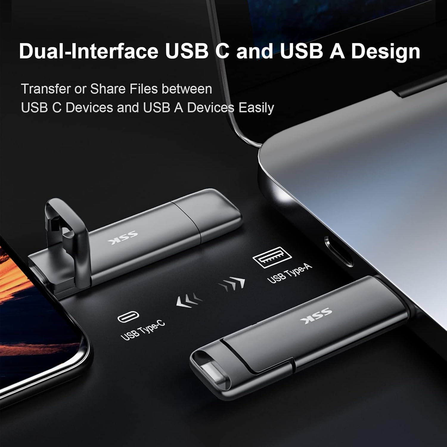 SSK 128GB Dual USB C Flash Drive,2-in-1 Type C+ USB A 3.2 Gen2 Solid State Thumb Drive,Speed Up to 550MB/s Memory Stick Data Storage for iPhone 15,Thunderbolt 3, Android Phone,Tablet,Laptop - Image 4