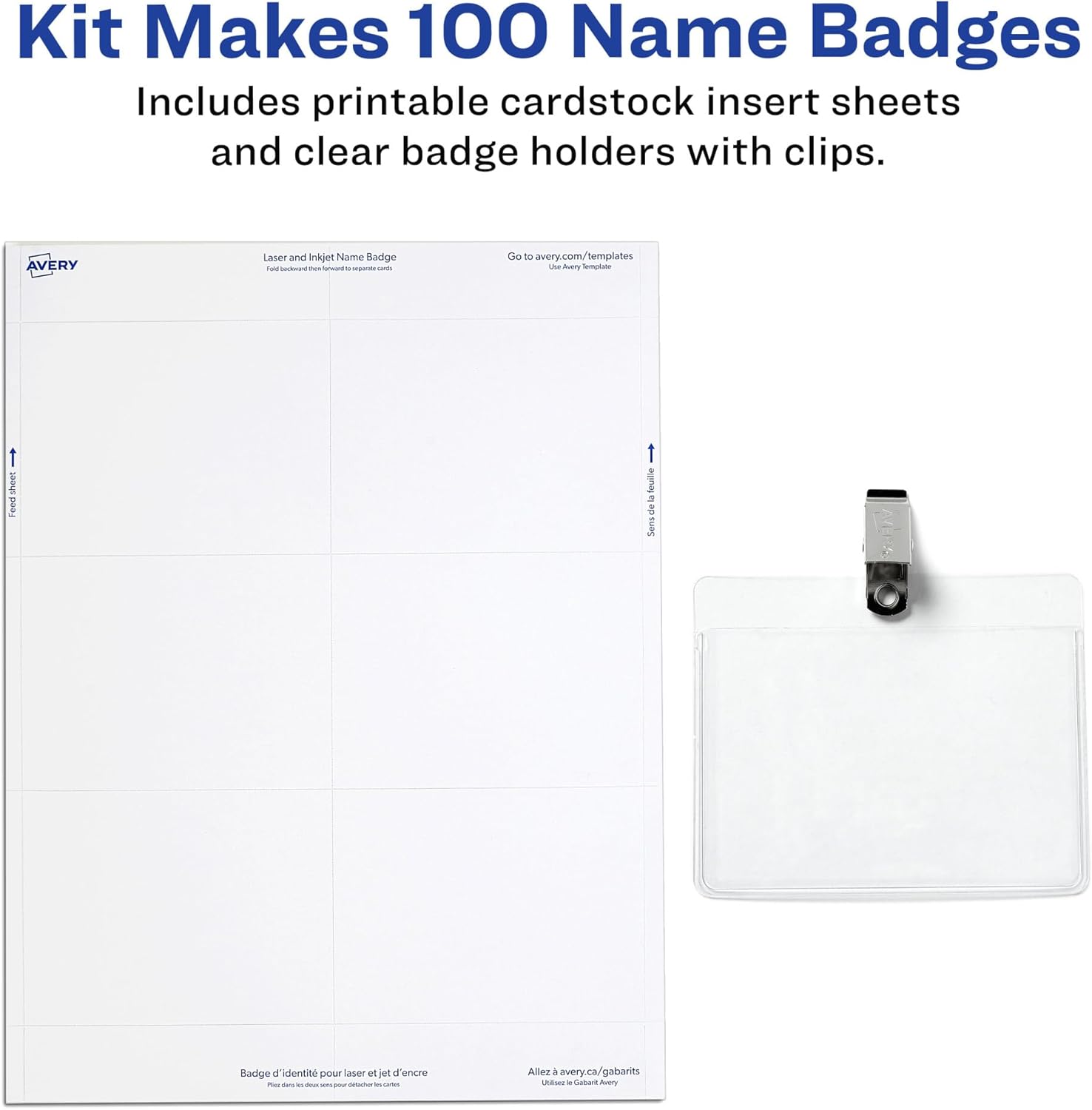 Avery Customizable Name Badges, Clip Style, 3" x 4", Clear Name Tag Holders, White Laser/Inkjet Printable Inserts, 100 Total (74541) - Image 3