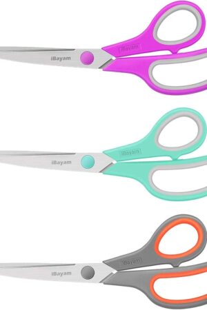 Scissors, iBayam 8" All Purpose Scissors Bulk 3-Pack, Ultra Sharp 2.5mm Thick Blade Shears Comfort-Grip for Office Desk Accessories Sewing Fabric Home Craft Teacher School Supplies, Right/Left Handed