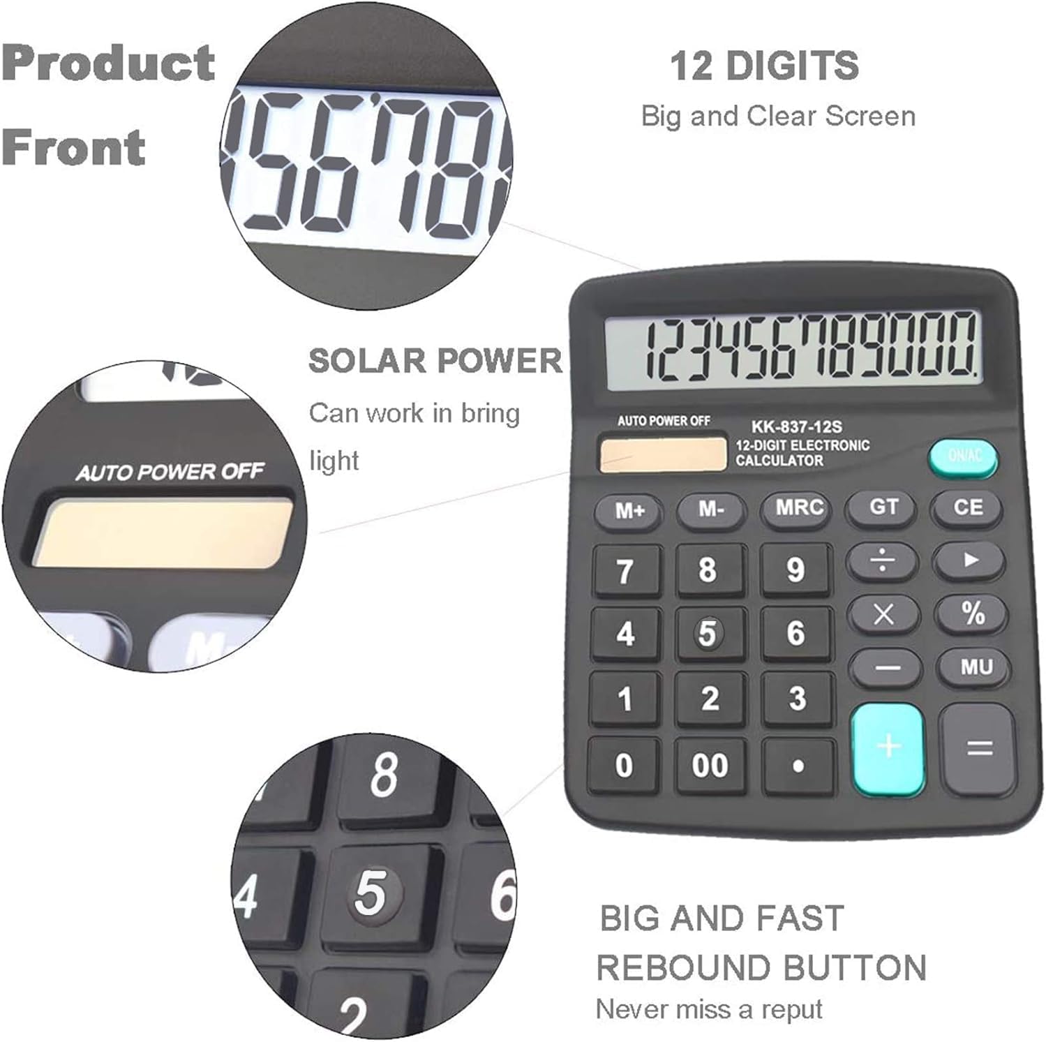 Calculators, BESTWYA 12-Digit Dual Power Handheld Desktop Calculator with Large LCD Display Big Sensitive Button (Black, Pack of 10) - Image 2