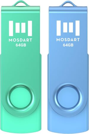 MOSDART 64GB USB 2.0 Flash Drive with Keychain Loop, Swivel Design with LED Light, exFAT Memory Stick for Computers, System Backup, Data Storage Thumb Drive, Green and Blue (Pack of 2)