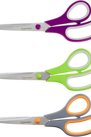 Amazon Basics Multipurpose Stainless Steel Scissors for Office, Crafts, Right/Left Handed, Comfort Grip, PVD Coated, 3-Pack, Multicolor
