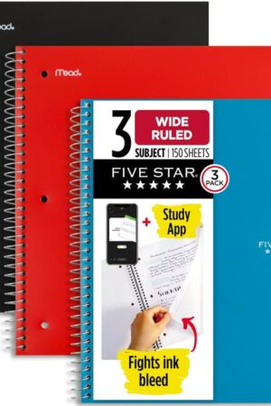 Five Star Spiral Notebook + Study App, 3 Pack, 3 Subject, Wide Ruled Paper, 8" x 10-1/2", Tidewater Blue, Fire Red, Black (930081)