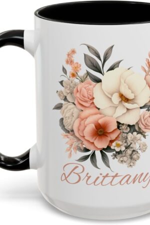 Personalized Floral Ceramic Mug, Custom Name Coffee Cup, Gift for Her, Holiday Day Present, Birthday Gift
