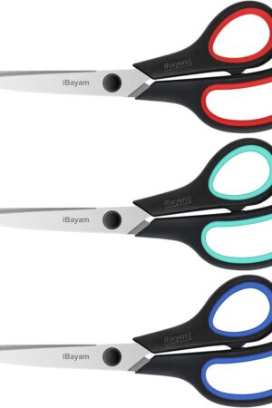 iBayam 3-Pack 8" Heavy Duty Scissors with Ultra Sharp Blades and Comfort Grip Handles - For Office, Home, School, Sewing, and Crafts