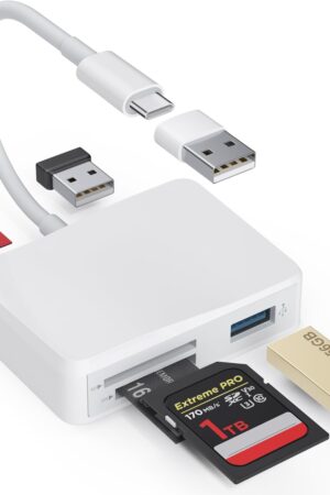 SD Card Reader, 5 in 1 USB-C & USB Card Adapter with SD/MicroSD/MS and Dual USB-A Ports Memory Card Reader for iPhone 17/16/15 Pro Max iPad MacBook Pro/Air M4/M3 Android Phone/Tablet PC (White)