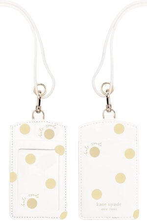 Kate Spade New York ID Badge Holder with Lanyard, Vegan Leather Slim Card Wallet, Name Tag Case for Work, School, or Travel, Gold Dot with Script