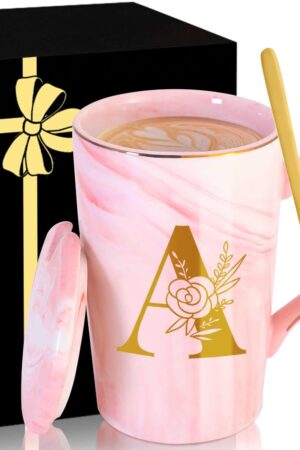 Personalized Ceramic Women Coffee Mug Tea Cup with Lid Heavy Pretty Large Pink Customized Cool Cute Women Birthday Christmas Gift for Her Wife Mother Day Grandma Girlfriend Friend Friendship Unique,A