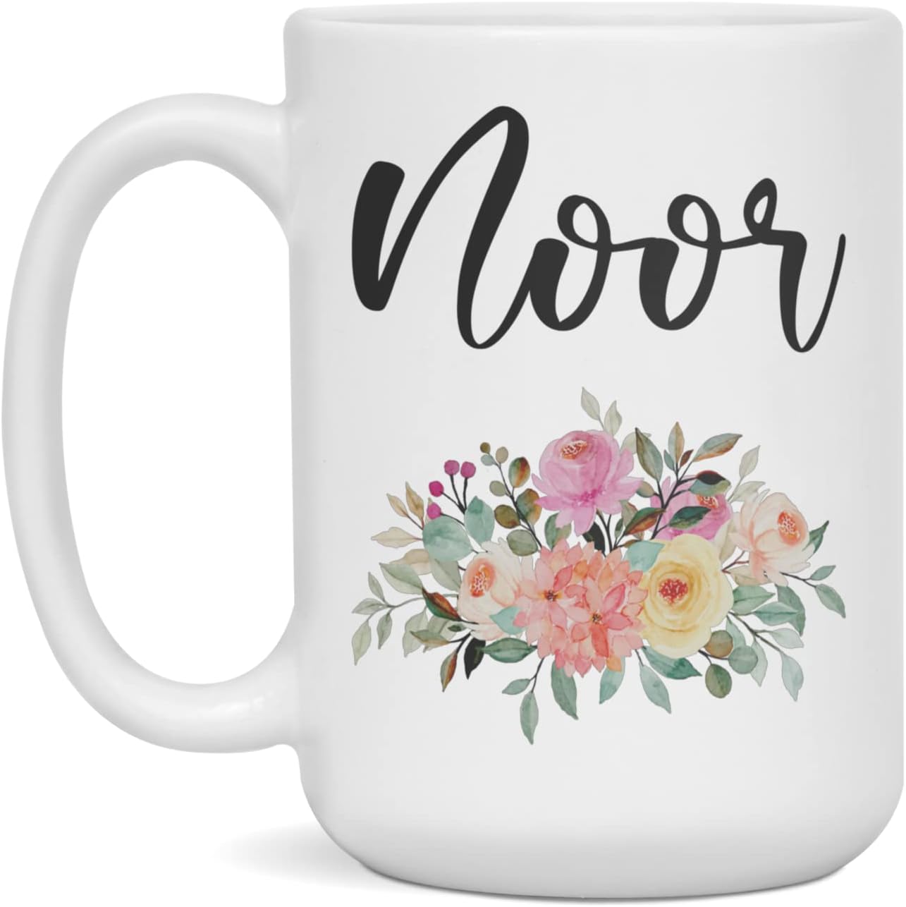 Custom personalized name Noor mug gift floral flower arrangment, 15-Ounce White
