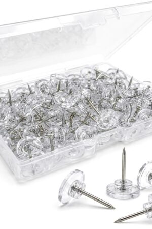 150 Pack Clear Push Pins Tacks, Flat Head Thumbtacks for Bulletin Board, Cork Board, Shadow Box, Wall Hanging – Heavy Duty Plastic Head with Steel Point in Reusable Storage Box