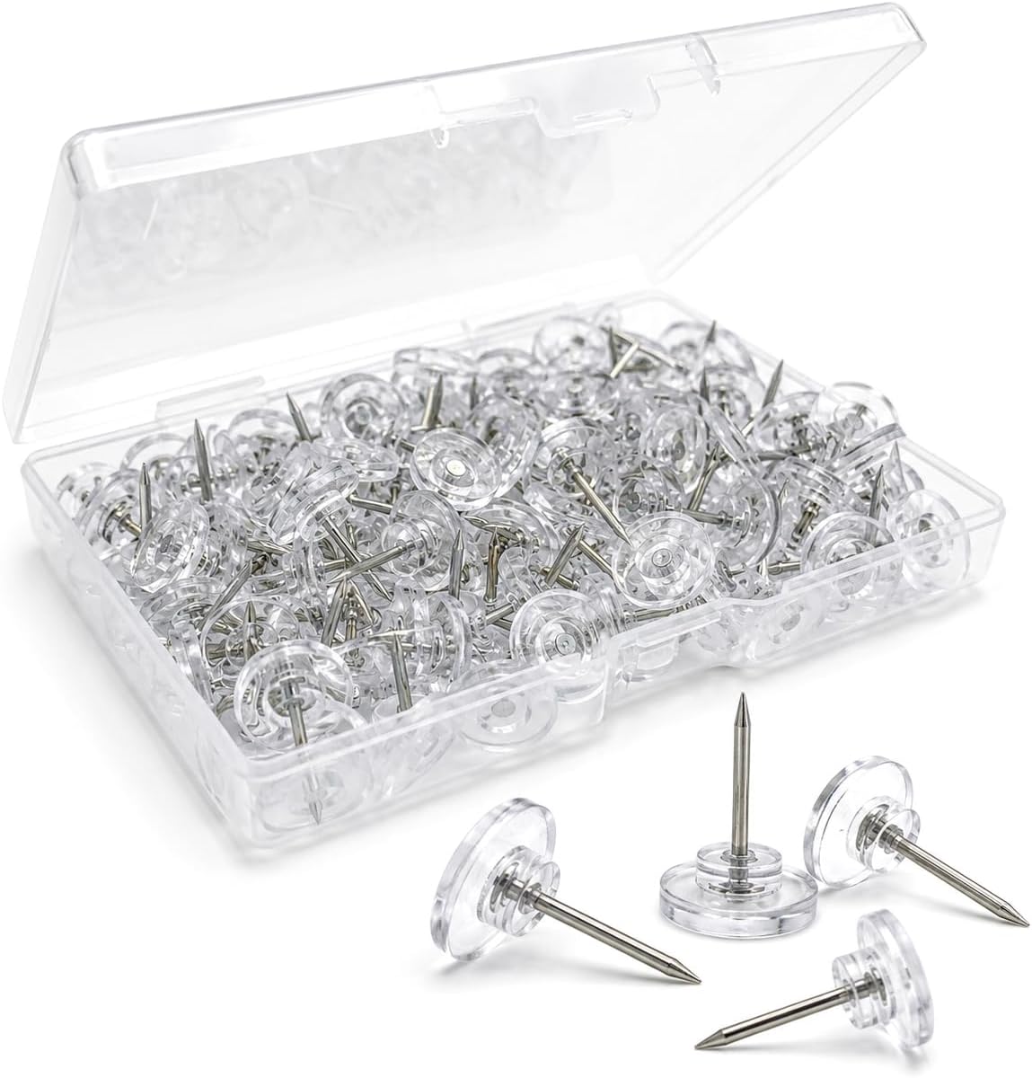 150 Pack Clear Push Pins Tacks, Flat Head Thumbtacks for Bulletin Board, Cork Board, Shadow Box, Wall Hanging – Heavy Duty Plastic Head with Steel Point in Reusable Storage Box