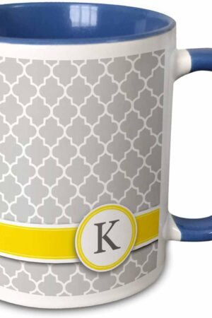 3dRose Your personal name initial letter K - monogrammed grey quatrefoil pattern - personalized yellow gray 11oz Two-Tone Blue Mug