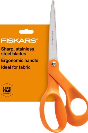Fiskars 8" Original Orange-Handled Stainless Steel Scissors, Ergonomic and Keeps Material Flat, Sharp All-Purpose Paper and Fabric Scissors for Office, Arts, and Crafts