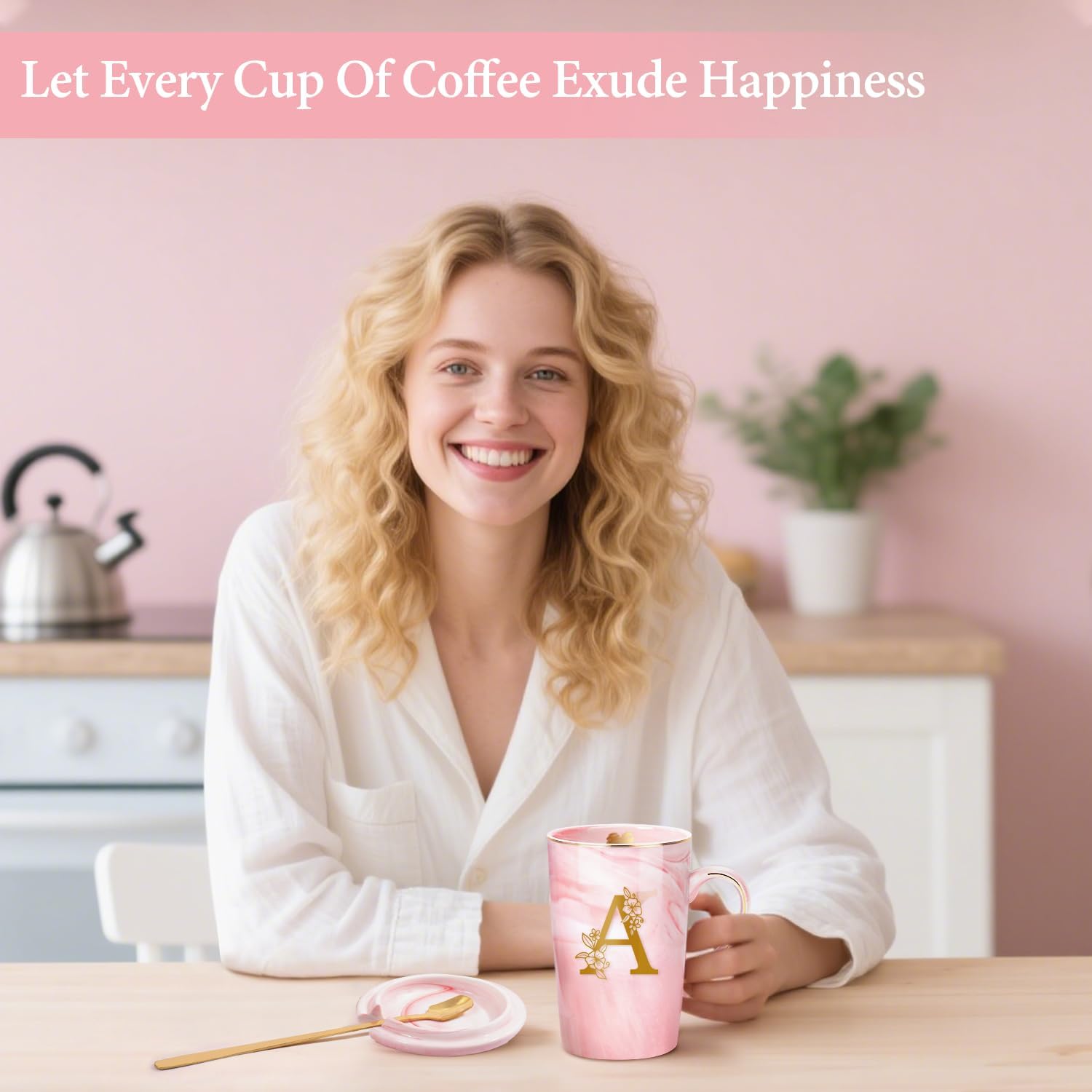 Personalized Marble Ceramic Mug Gifts for Women, 14 Oz Pink Initial Customized Gift Coffee Cup with Lid, Christmas Mother's Day Birthday Gifts for Wife Her Mom Grandma Friend Sister Unique,A - Image 6