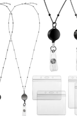 Outus 2 Pack Retractable Badge Lanyard with ID Holders Stainless Steel Badge Name Tag Holders Necklace Retractable Reel Clip Chain Water Resistant for School Office(Black, Gray)