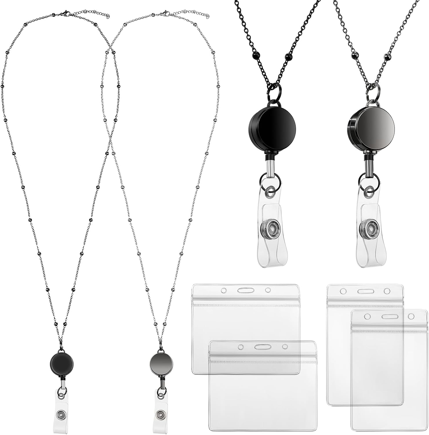 Outus 2 Pack Retractable Badge Lanyard with ID Holders Stainless Steel Badge Name Tag Holders Necklace Retractable Reel Clip Chain Water Resistant for School Office(Black, Gray)