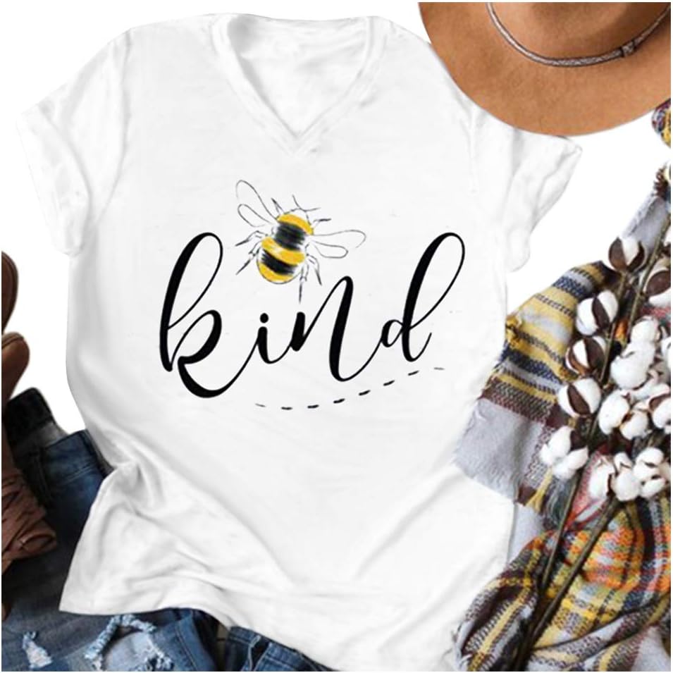Womens Be Kind Graphic Tees V Neck Cute Printed Summer Casual T Shirts Tops - Image 2